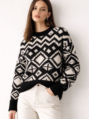 DEVOTED Black & Cream Geometric Knit Sweater - Women's Crewneck